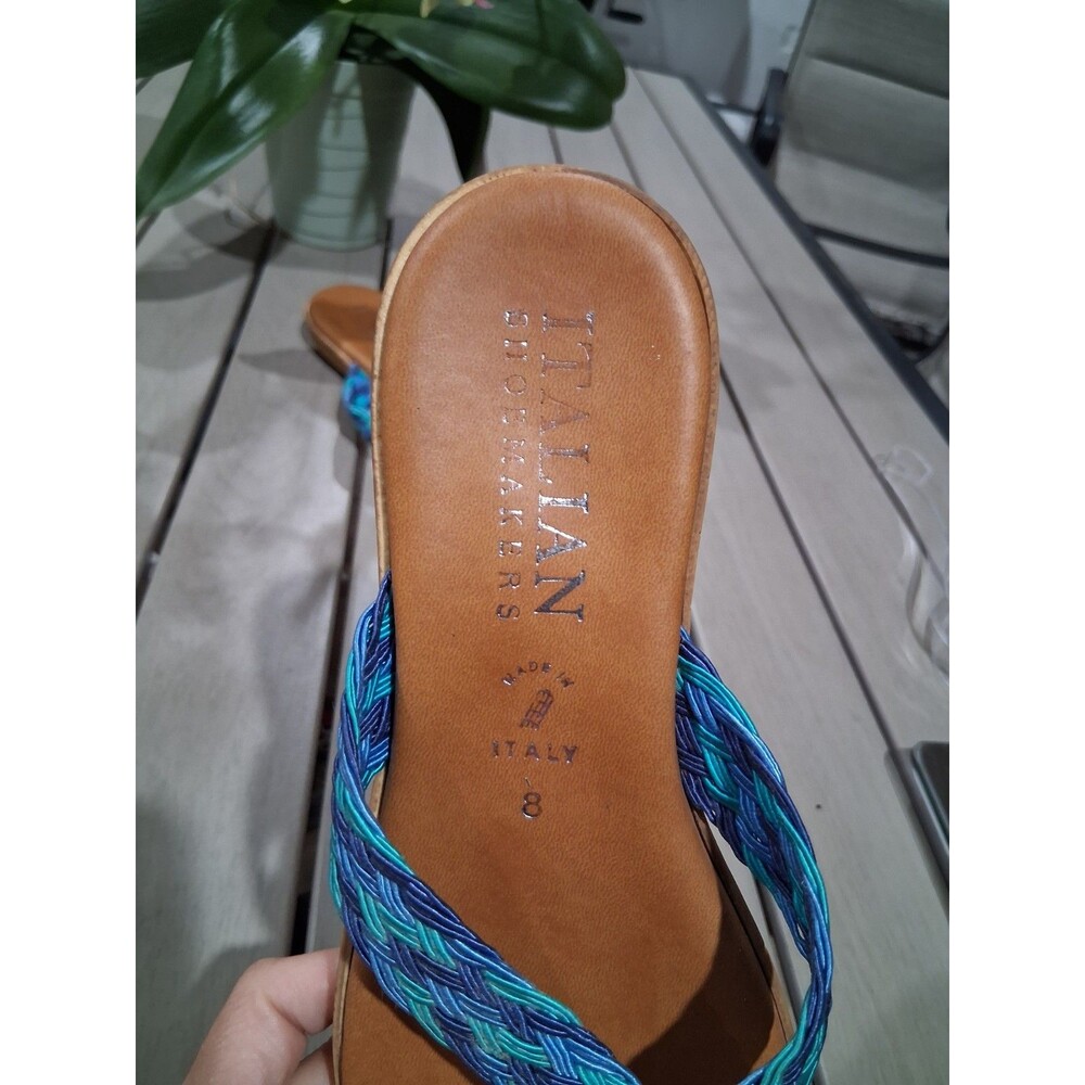 Italian Shoemakers Woman Blue Turquoise Leather Thong Wedge Sandals Sz 8 SB2 - Picture 3 of 9